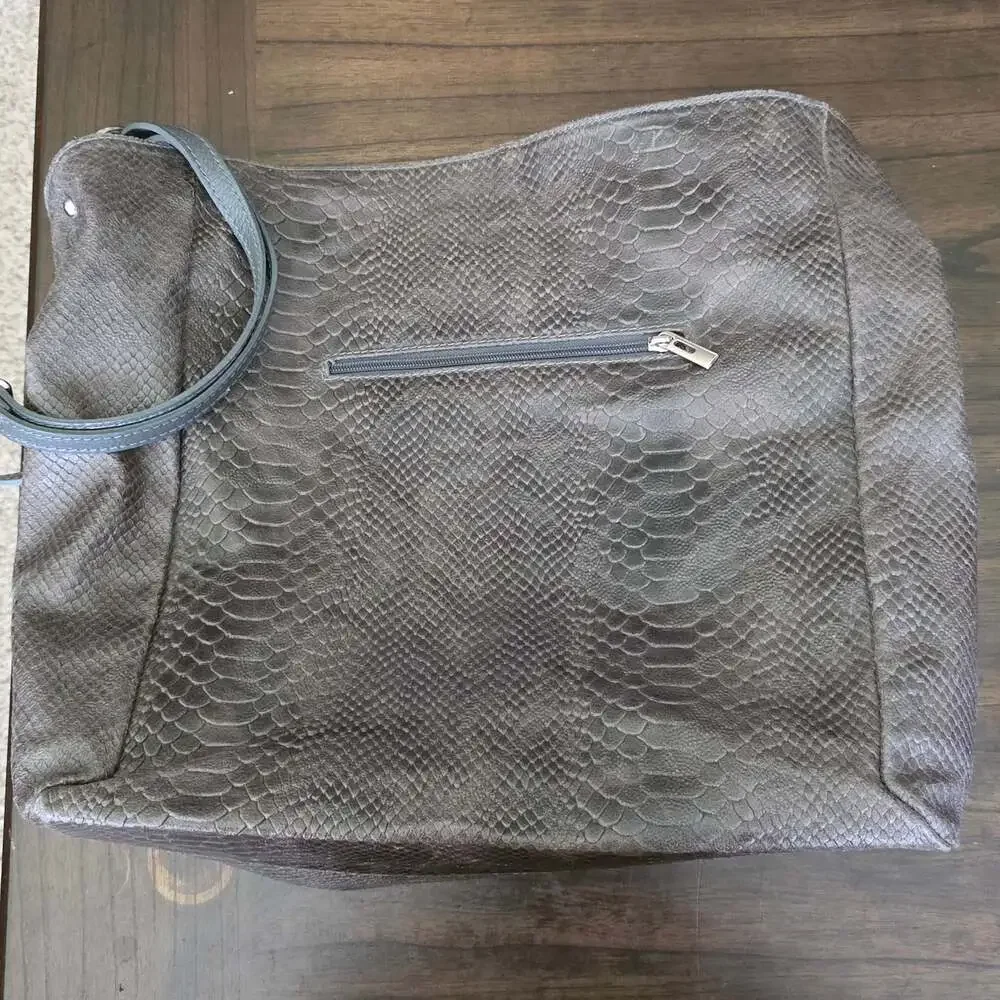 Anna Morellini Rosallia Grey Snakeskin Embossed Leather Hobo Bag with Tassel